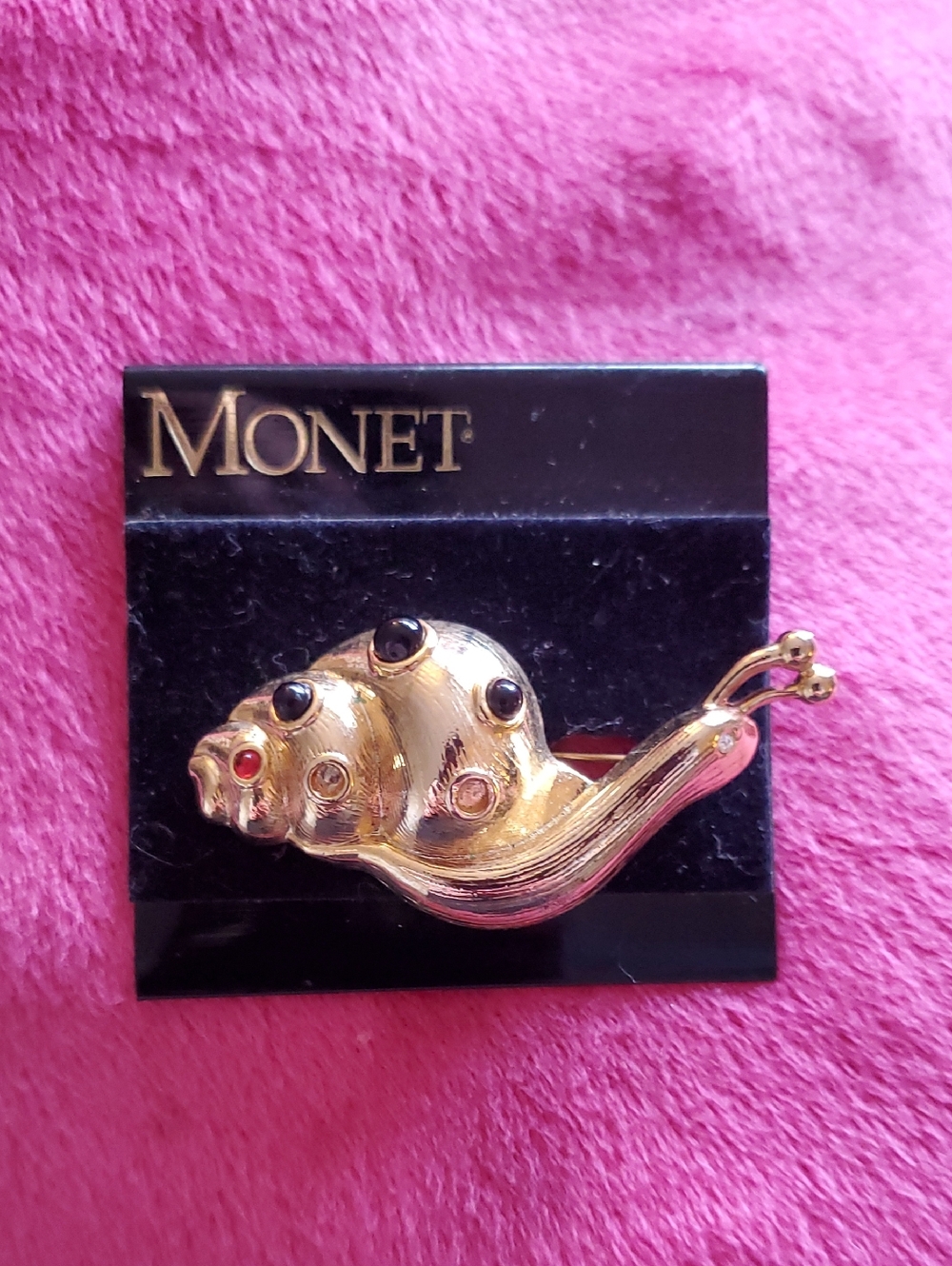 Monet Gold-tone Snail Brooch with Black and Red Accents New On original Card